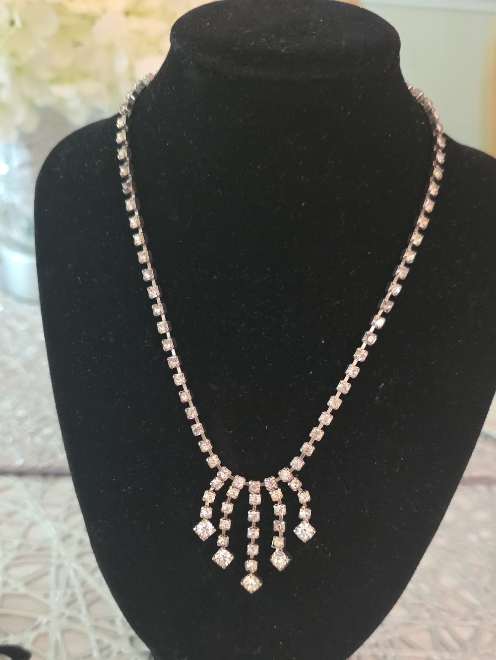 Vintage Clear Rhinestone Fringe Necklace - Silver Tone